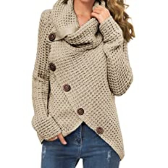 GRECERELLE Women's Solid Color Chunky Button Pullover Sweater Turtle Cowl Neck A - Picture 1 of 1